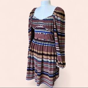 NWT Cato Faux Corset Brown Striped Pleated Mini Dress Balloon Sleeves Size Large